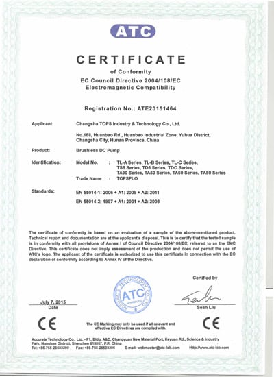 Topsflo Micros DC pumps and Topsflo Solar Water Pumps - ATC Certificate of Compliance