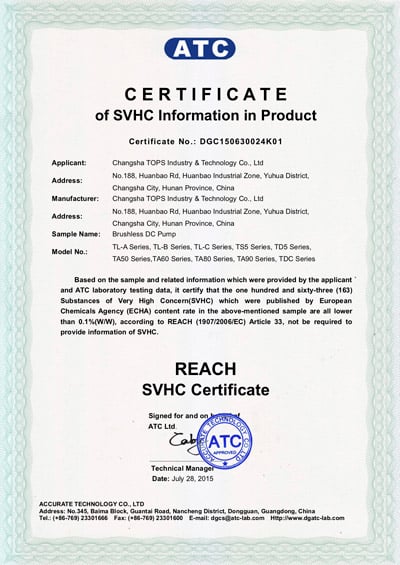 Topsflo Micros DC pumps and Topsflo Solar Water Pumps - SVHC Certificate