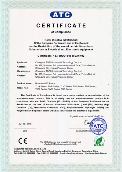 Topsflo Micros DC pumps and Topsflo Solar Water Pumps - RoHS Certifcate of Compliance